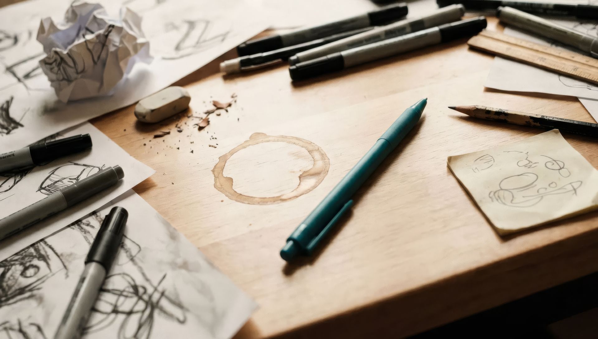 A coffee-cup ring and a teal pen on a desk, together forming the Dots & Dashes mark