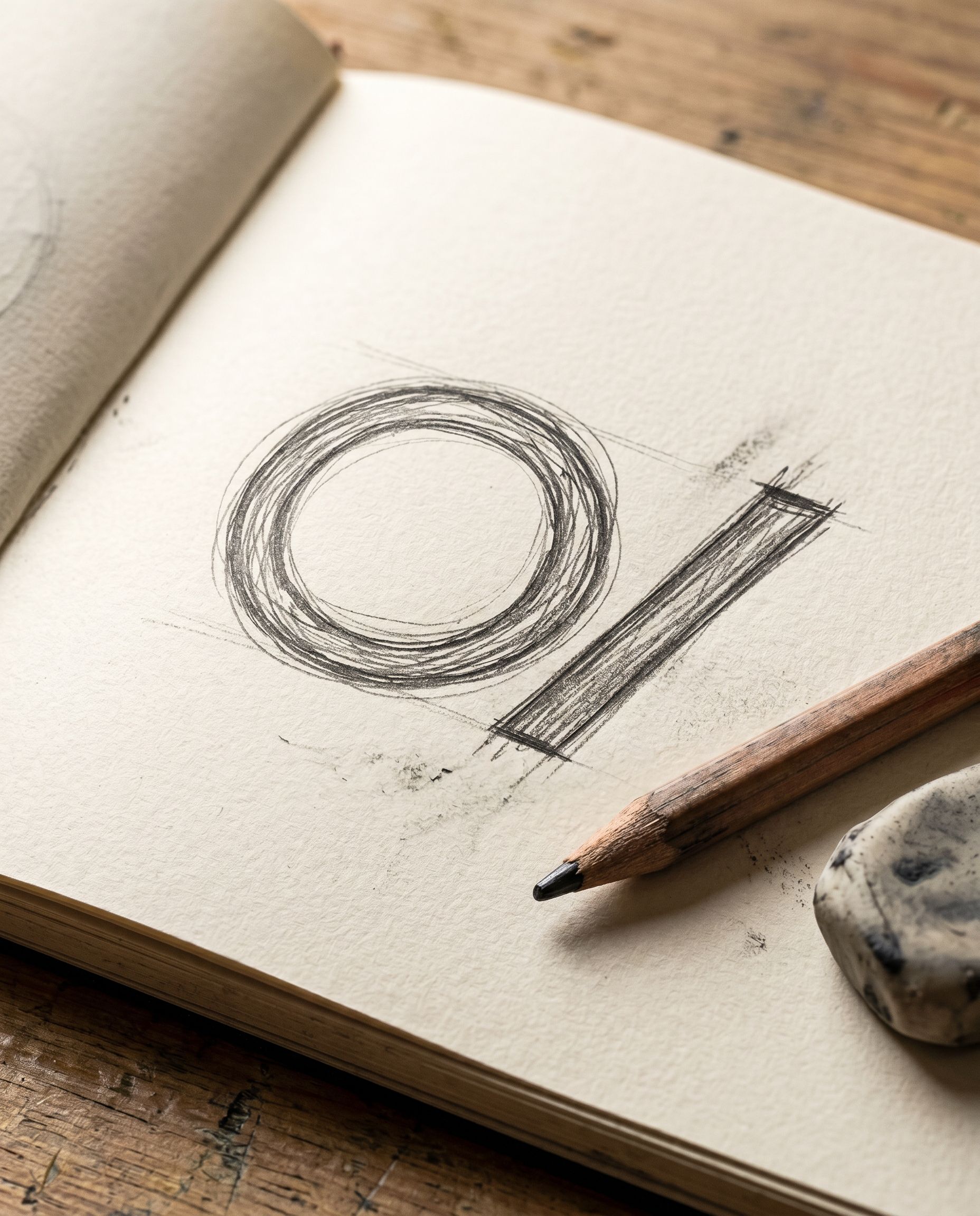 Pencil sketch of the Dots & Dashes ring-and-slash mark in a sketchbook