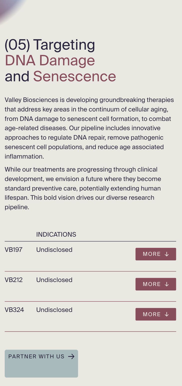 The pipeline table on a phone: VB197, VB212 and VB324 listed against a column of “Undisclosed” indications, each row with its own More link