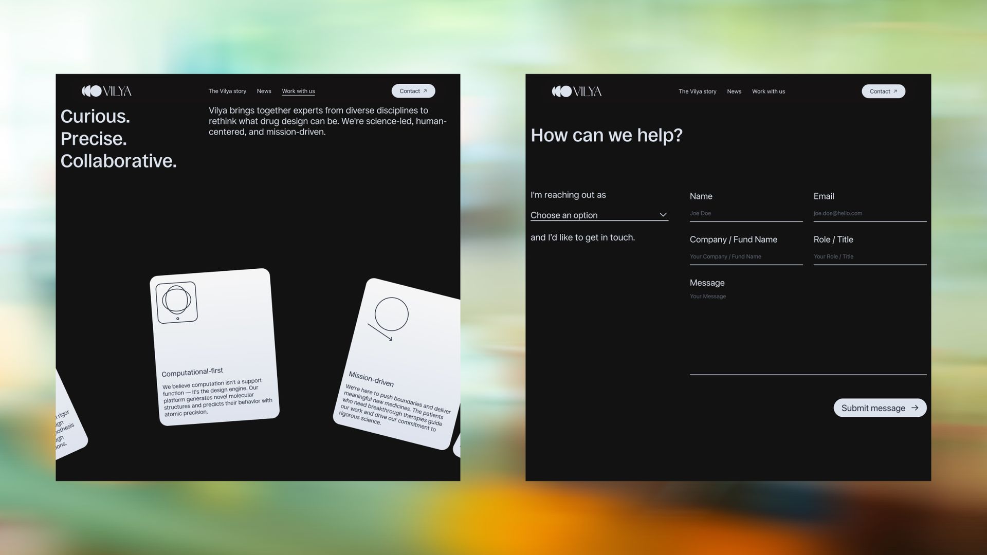 Two Vilya screens on a blurred green field: the “Curious. Precise. Collaborative.” section with its scattered value cards, and the contact form